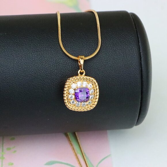 "Elegant Purple Square Pendant with Sparkling Border in Gold Finish, XPPT1658 - Picture 4 of 13